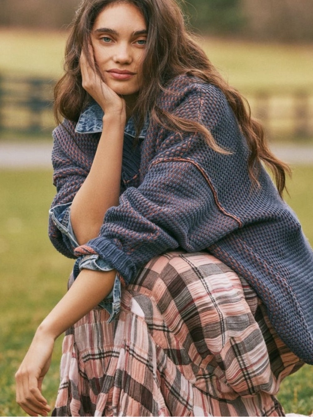 NWT Free People Maisie V Neck Navy and Mauve Two-Tone Waffle-Knit Sweater